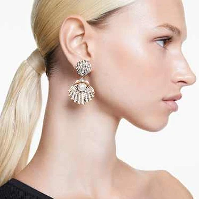 Idyllia clip earrings, Crystal pearl, Shell, White, Gold-tone plated by SWAROVSKI