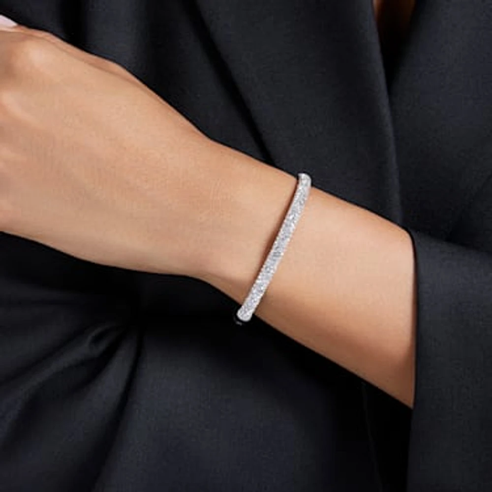 Meteora bangle, Snow pavé, White, Rhodium plated by SWAROVSKI