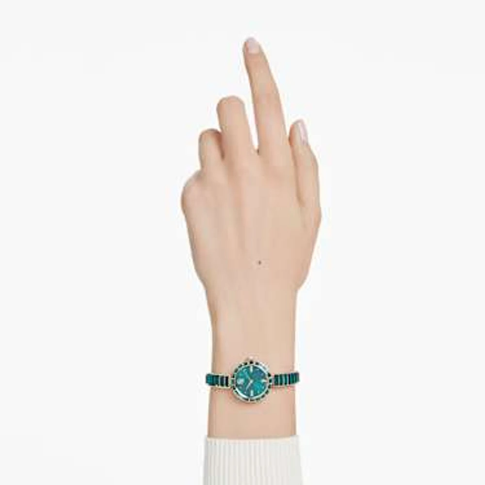 Matrix bangle watch, Swiss Made, Crystal bracelet, Green, Champagne gold-tone finish by SWAROVSKI
