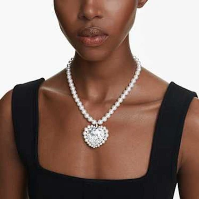 Ariana Grande x Swarovski necklace, Crystal pearl, Heart cut, Heart, White, Rhodium plated by SWAROVSKI