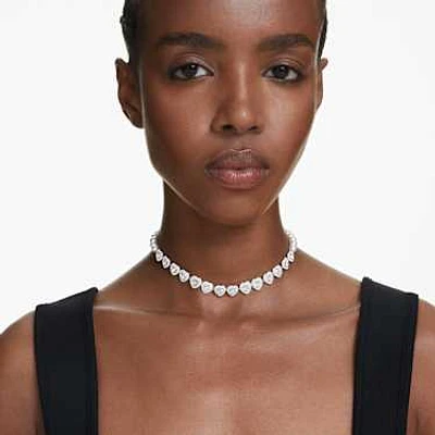 Ariana Grande x Swarovski Tennis choker, Mixed cuts, Crystal pearl, Heart, White, Rhodium plated by SWAROVSKI
