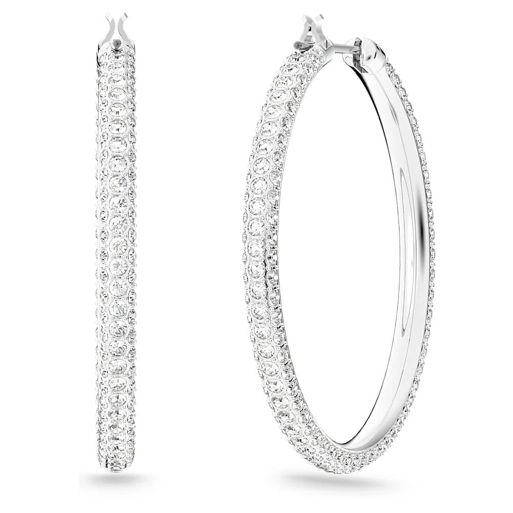 Stone hoop earrings, Pavé, Large, White
