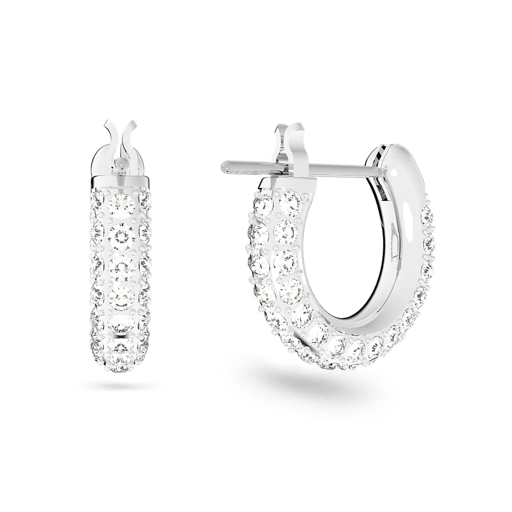 Stone hoop earrings, Pavé, Small, White, Rhodium plated by SWAROVSKI