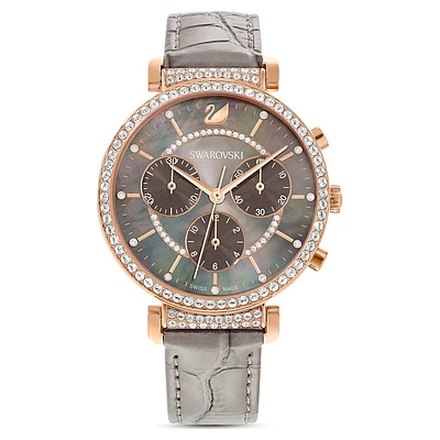 Passage Chrono watch, Swiss Made, Leather strap, Gray, Rose gold-tone finish by SWAROVSKI