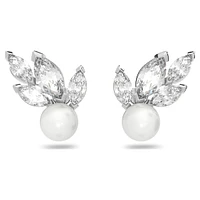 Louison Pearl stud earrings, Leaf, White, Rhodium plated by SWAROVSKI