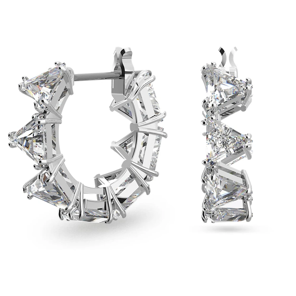 Ortyx hoop earrings, Triangle cut, Small, White, Rhodium plated by SWAROVSKI