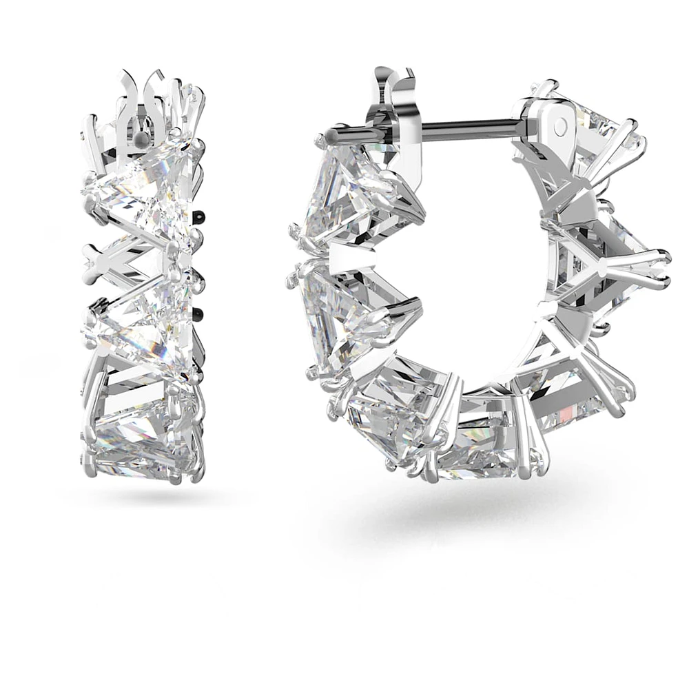 Ortyx hoop earrings, Triangle cut, Small, White, Rhodium plated by SWAROVSKI