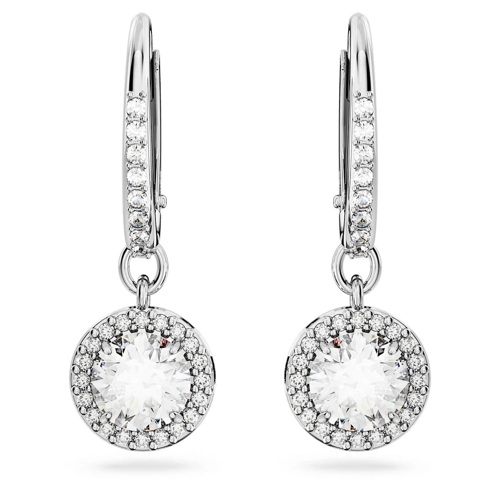 Constella drop earrings, Round cut, Pavé, White, Rhodium plated by SWAROVSKI