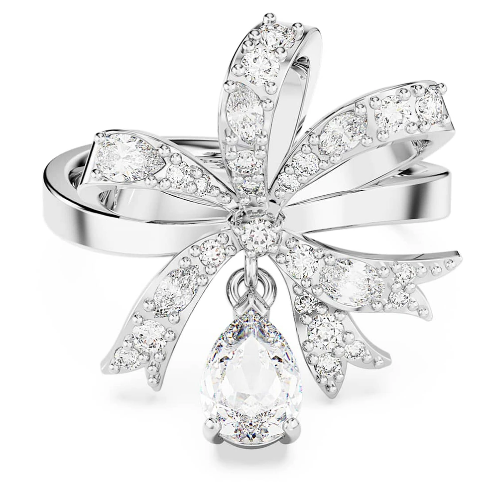 Volta cocktail ring, Bow, White, Rhodium plated by SWAROVSKI