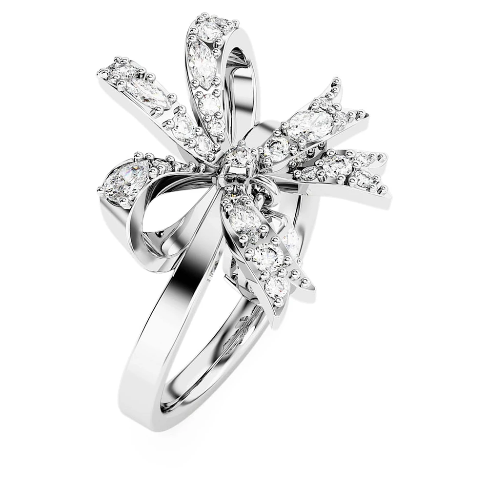 Volta cocktail ring, Bow, White, Rhodium plated by SWAROVSKI