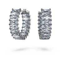 Matrix hoop earrings, Baguette cut, Grey, Ruthenium plated by SWAROVSKI