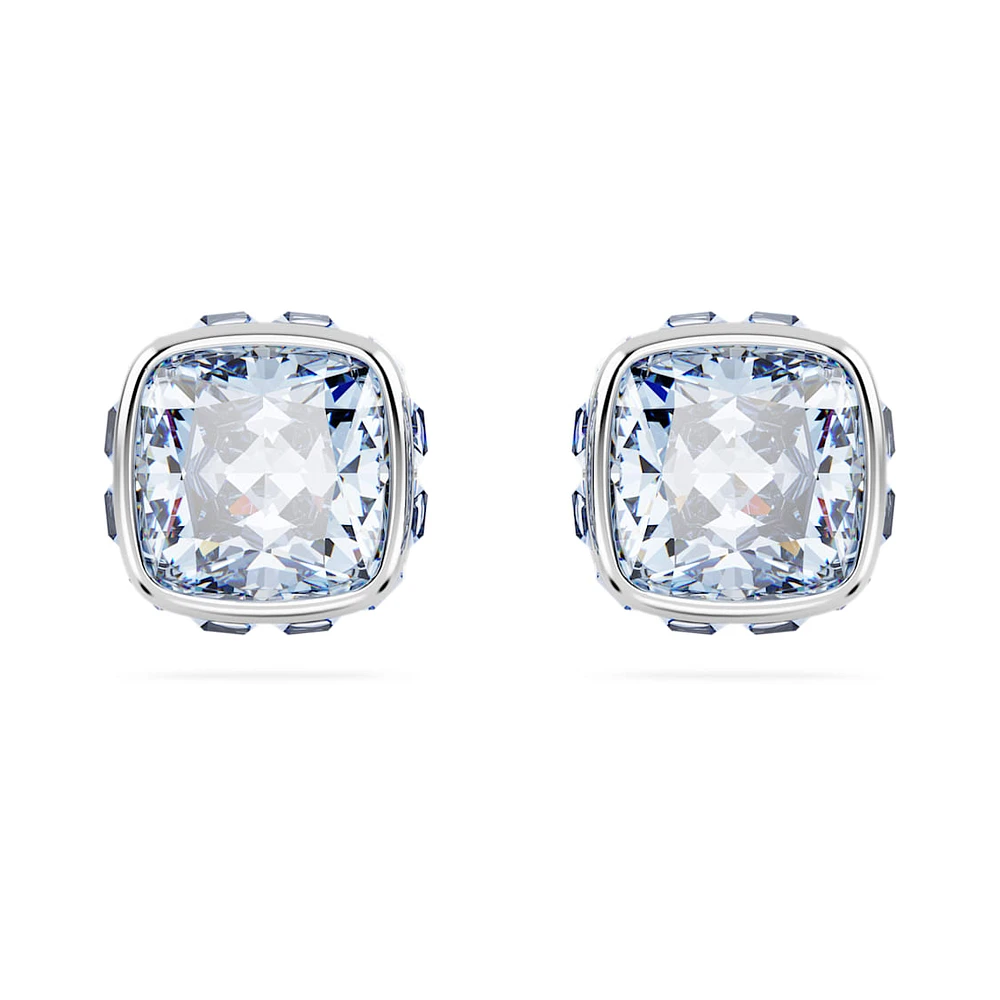 Birthstone stud earrings, Square cut, March, Blue, Rhodium plated by SWAROVSKI