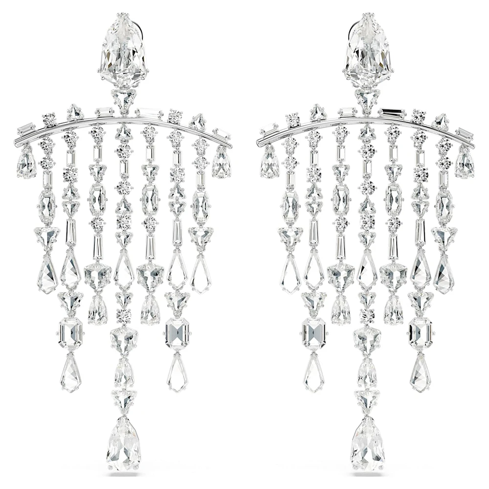 Mesmera clip earrings, Mixed cuts, Chandelier, Extra long, White, Rhodium plated by SWAROVSKI