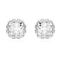 Birthstone stud earrings, Square cut, April, White, Rhodium plated by SWAROVSKI