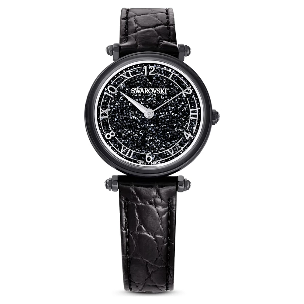 Crystalline Wonder watch, Swiss Made, Leather strap, Black, Black finish by SWAROVSKI
