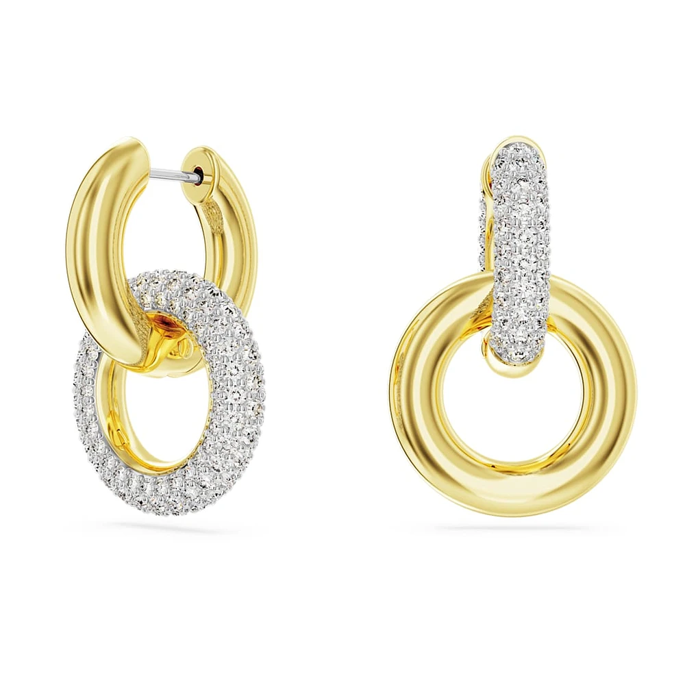 Dextera hoop earrings, Asymmetrical design, Interlocking loop, White, Gold-tone plated by SWAROVSKI