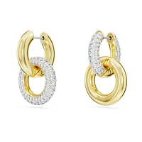 Dextera hoop earrings, Asymmetrical design, Interlocking loop, White, Gold-tone plated by SWAROVSKI