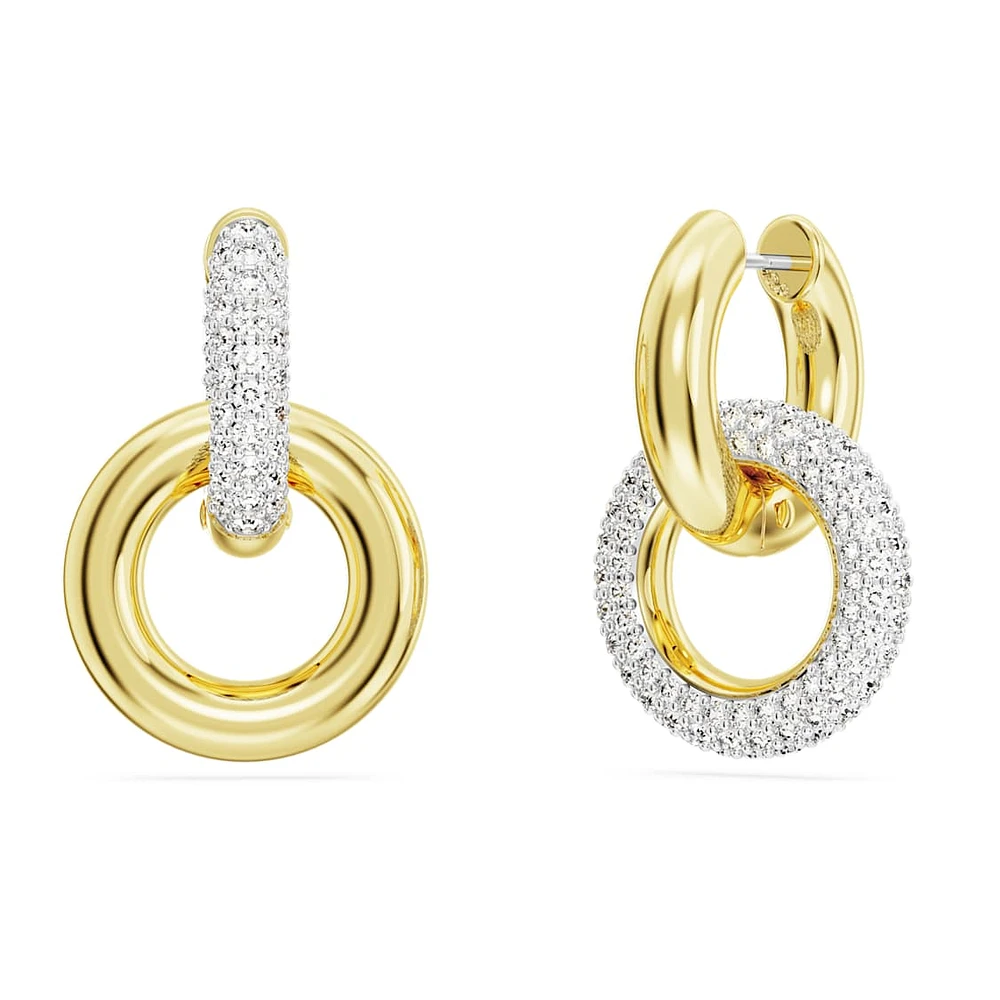 Dextera hoop earrings, Asymmetrical design, Interlocking loop, White, Gold-tone plated by SWAROVSKI