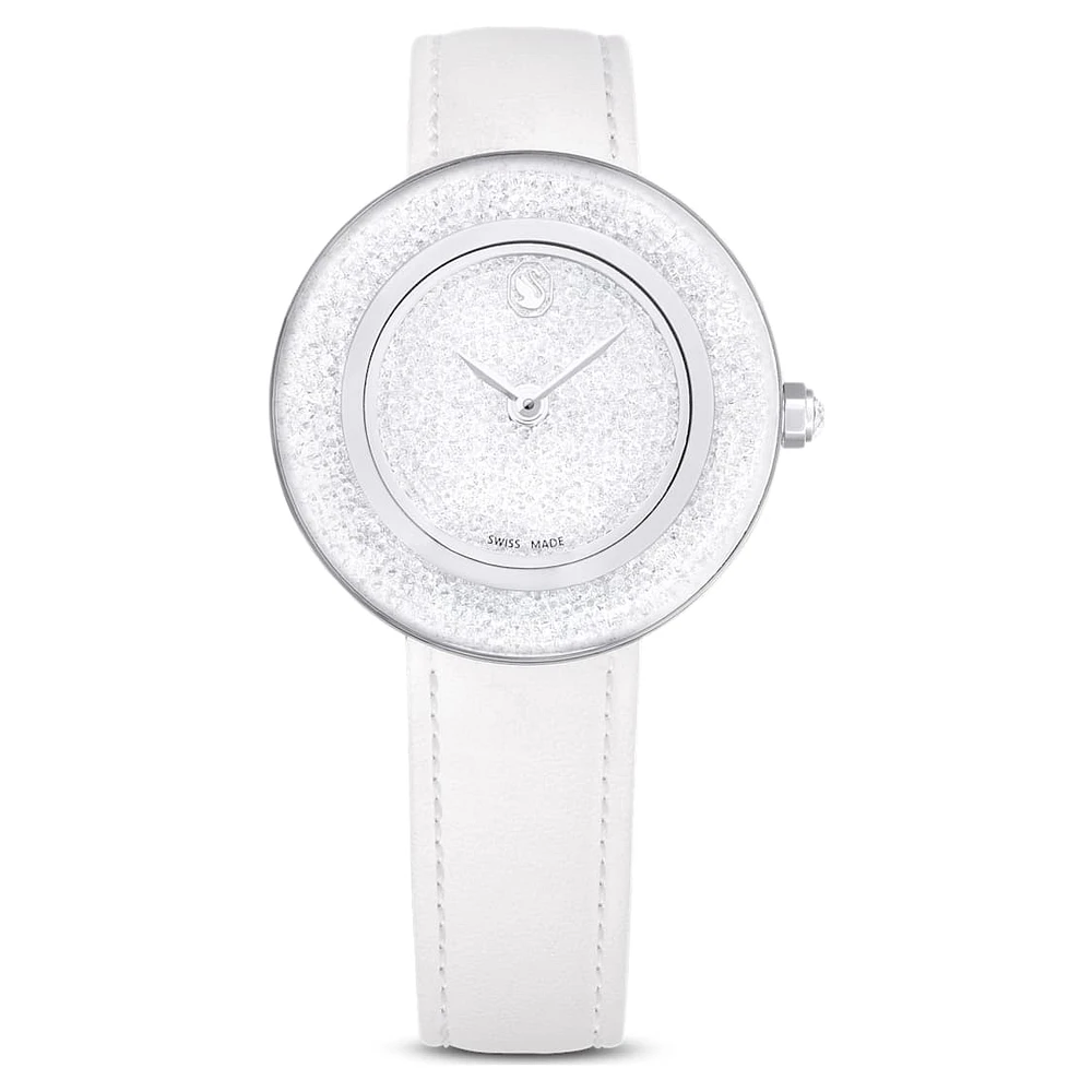 Crystalline lustre watch, Swiss Made, Leather strap, White, Stainless steel by SWAROVSKI