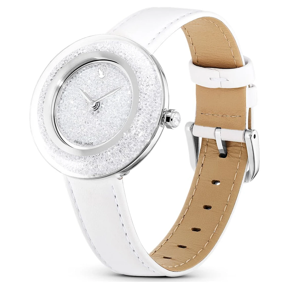 Crystalline lustre watch, Swiss Made, Leather strap, White, Stainless steel by SWAROVSKI