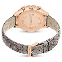 Octea chrono watch, Swiss Made, Leather strap, Grey, Rose gold-tone finish by SWAROVSKI