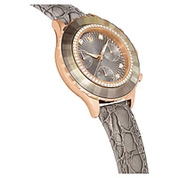 Octea chrono watch, Swiss Made, Leather strap, Grey, Rose gold-tone finish by SWAROVSKI