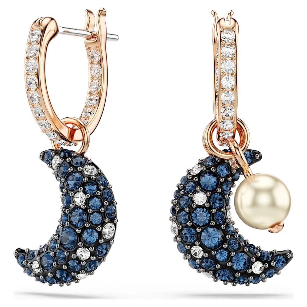 Luna drop earrings, Crystal pearl, Asymmetrical design, Moon, Multicoloured, Rose gold-tone plated by SWAROVSKI