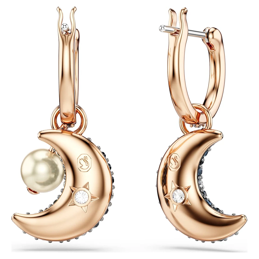 Luna drop earrings, Crystal pearl, Asymmetrical design, Moon, Multicoloured, Rose gold-tone plated by SWAROVSKI