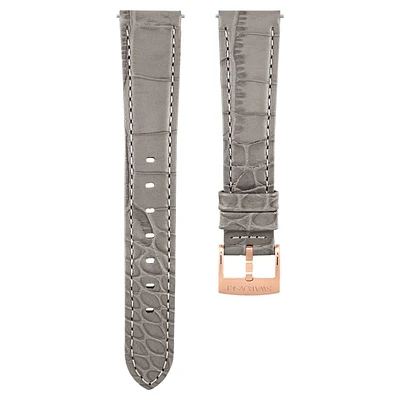 Watch strap, 17 mm (0.67") width, Leather with stitching, Gray, Rose gold-tone finish by SWAROVSKI