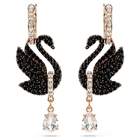 Swan drop earrings, Swan, Black, Rose gold-tone plated by SWAROVSKI