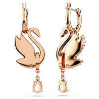 Swan drop earrings, Swan, Black, Rose gold-tone plated by SWAROVSKI