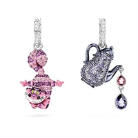 Alice in Wonderland drop earrings, Asymmetrical design, Cat and teapot, Multicolored, Rhodium plated by SWAROVSKI
