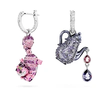 Alice in Wonderland drop earrings, Asymmetrical design, Cat and teapot, Multicolored, Rhodium plated by SWAROVSKI