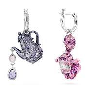 Alice in Wonderland drop earrings, Asymmetrical design, Cat and teapot, Multicolored, Rhodium plated by SWAROVSKI