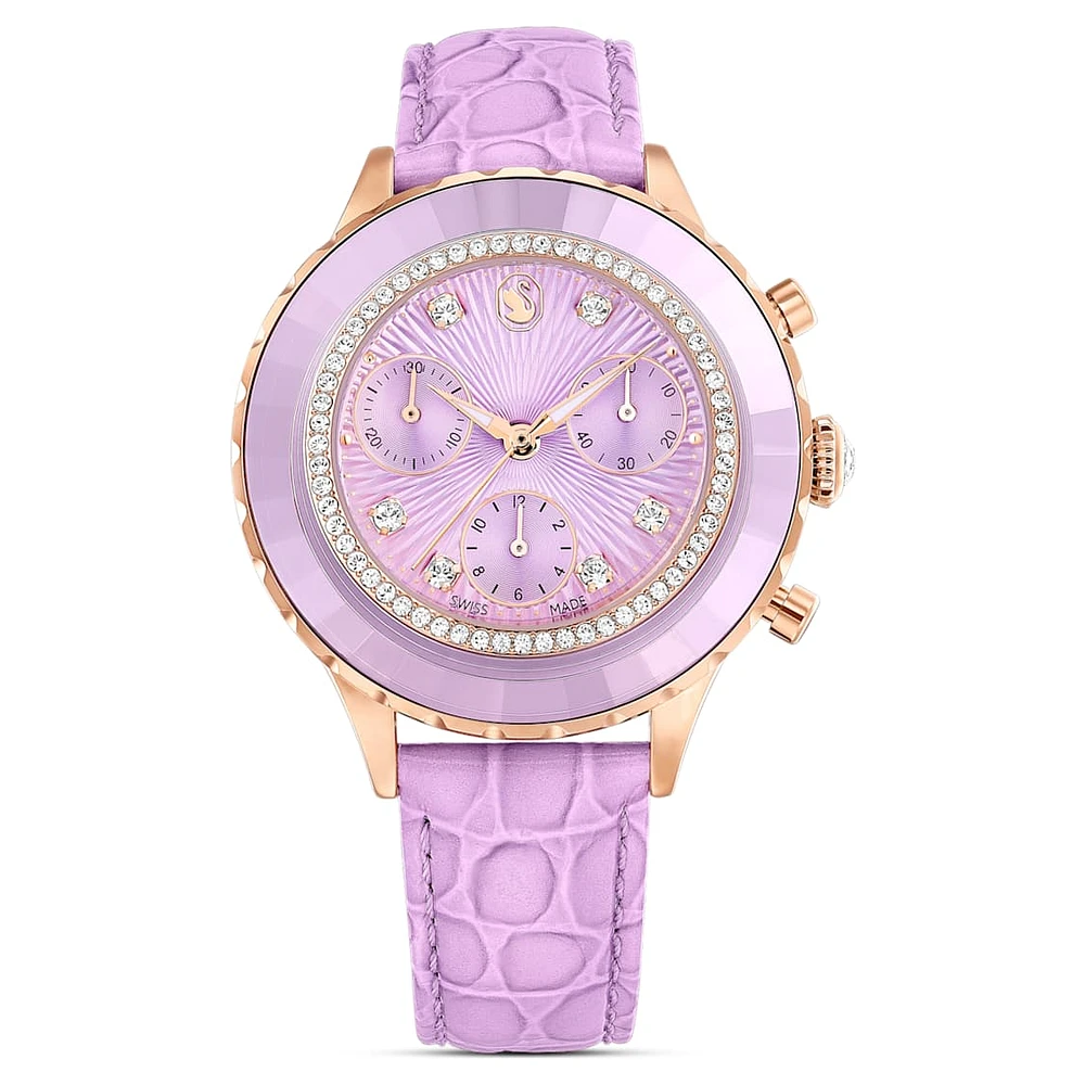 Octea chrono watch, Swiss Made, Leather strap, Purple, Rose gold-tone finish by SWAROVSKI