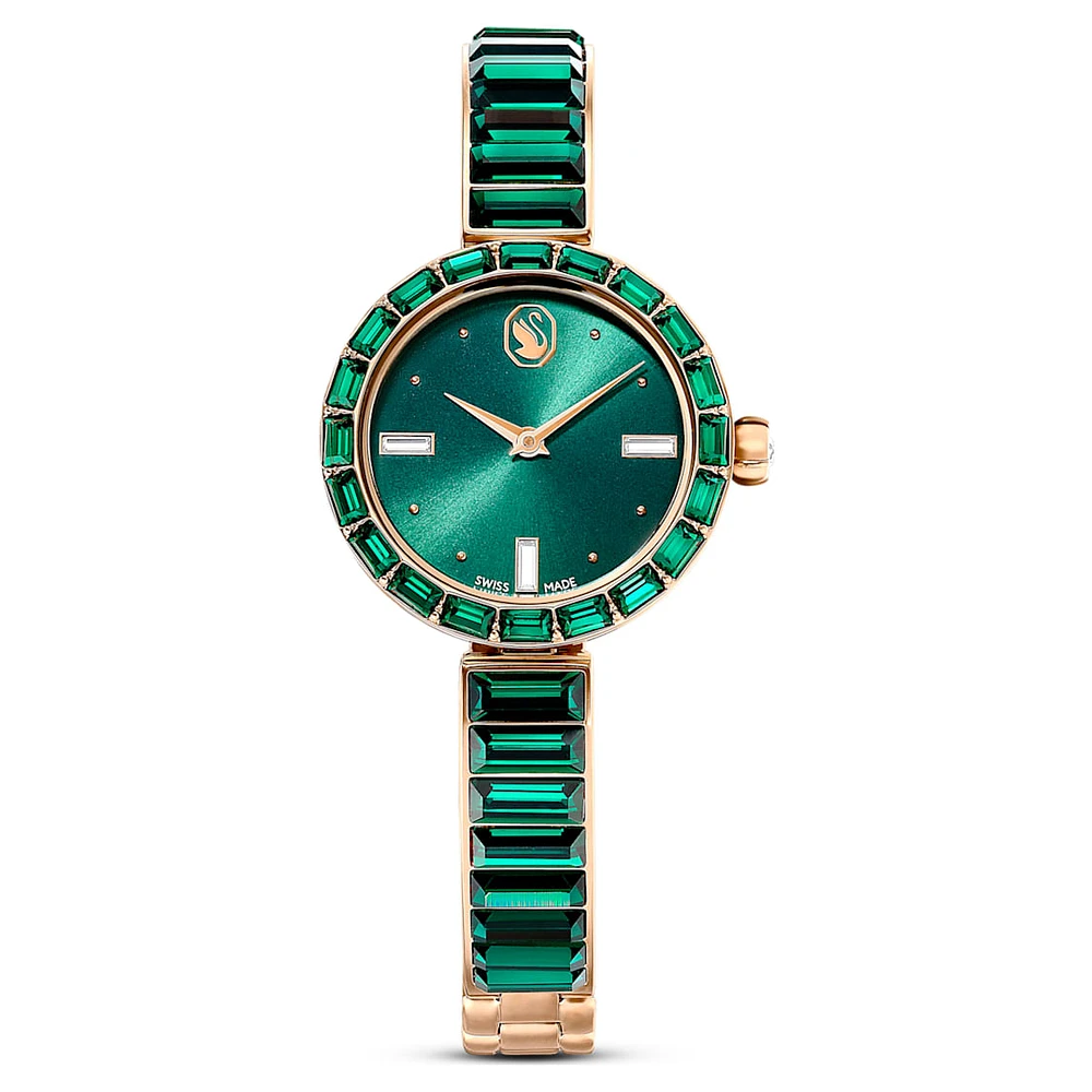 Matrix bangle watch, Swiss Made, Crystal bracelet, Green, Champagne gold-tone finish by SWAROVSKI