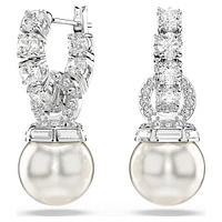 Matrix drop earrings, Crystal pearl, Round cut, White, Rhodium plated by SWAROVSKI