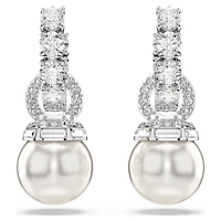 Matrix drop earrings, Crystal pearl, Round cut, White, Rhodium plated by SWAROVSKI