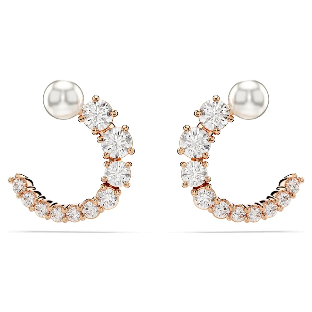 Matrix hoop earrings, Crystal pearl, Round cut, White, Rose gold-tone plated by SWAROVSKI