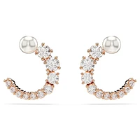 Matrix hoop earrings, Crystal pearl, Round cut, White, Rose gold-tone plated by SWAROVSKI