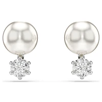 Matrix stud earrings, Crystal pearl, Round cut, White, Rhodium plated by SWAROVSKI