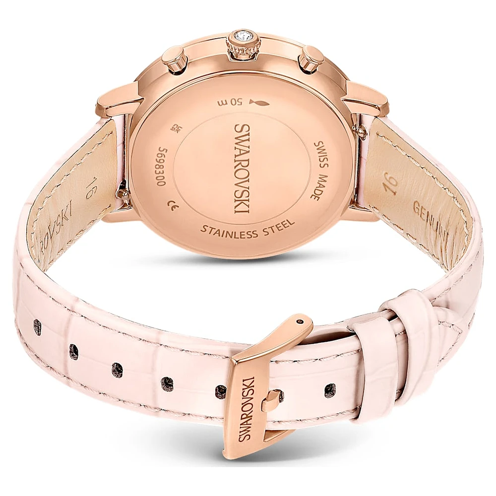 Matrix tennis chrono watch, Swiss Made, Leather strap, Pink, Rose gold-tone finish by SWAROVSKI