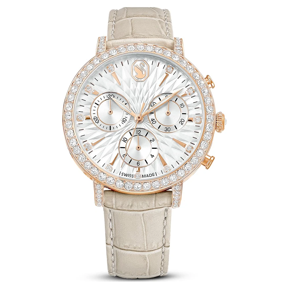 Matrix tennis chrono watch, Swiss Made, Leather strap, Beige, Rose gold-tone finish by SWAROVSKI