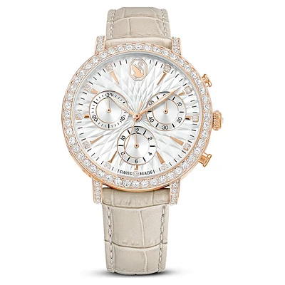 Matrix tennis chrono watch, Swiss Made, Leather strap, Beige, Rose gold-tone finish by SWAROVSKI