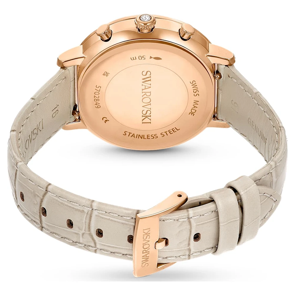 Matrix tennis chrono watch, Swiss Made, Leather strap, Beige, Rose gold-tone finish by SWAROVSKI
