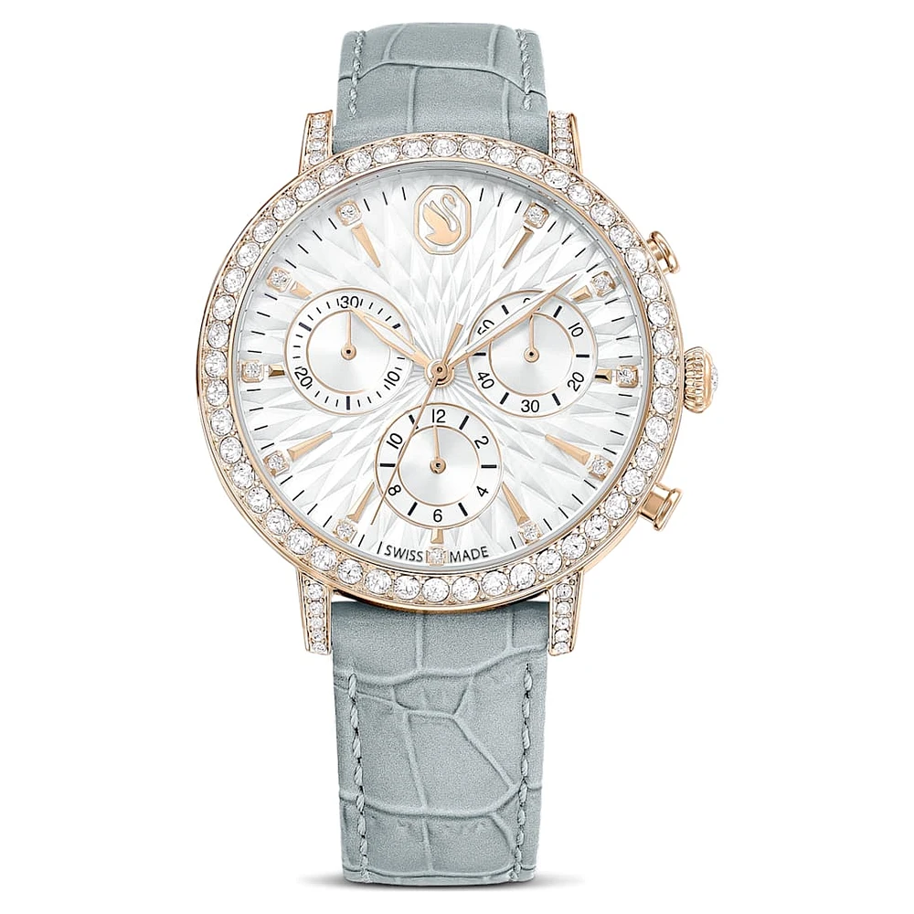 Matrix tennis chrono watch, Swiss Made, Leather strap, Grey, Champagne gold-tone finish by SWAROVSKI