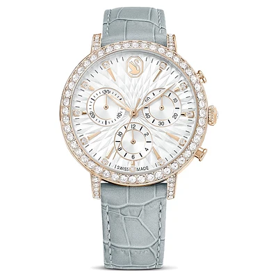 Matrix tennis chrono watch, Swiss Made, Leather strap, Grey, Champagne gold-tone finish by SWAROVSKI
