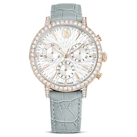 Matrix tennis chrono watch, Swiss Made, Leather strap, Grey, Champagne gold-tone finish by SWAROVSKI