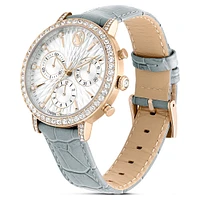 Matrix tennis chrono watch, Swiss Made, Leather strap, Grey, Champagne gold-tone finish by SWAROVSKI