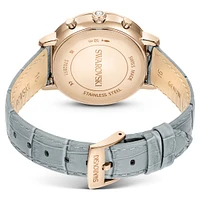 Matrix tennis chrono watch, Swiss Made, Leather strap, Grey, Champagne gold-tone finish by SWAROVSKI